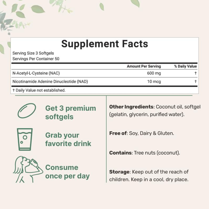 NAC 600mg with NAD+, N-Acetyl L-Cysteine + Nicotinamide + MCT Oil