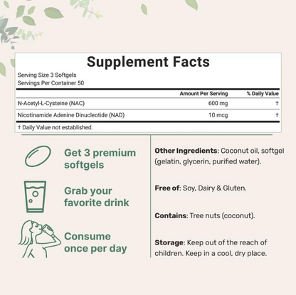 NAC 600mg with NAD+, N-Acetyl L-Cysteine + Nicotinamide + MCT Oil